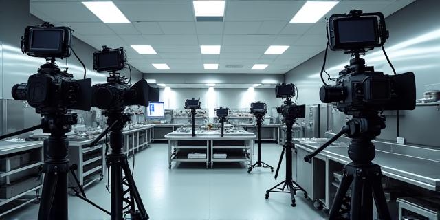 Professional livestream production setup in commercial kitchen with multiple cameras