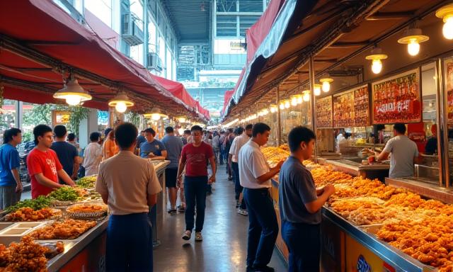 Vibrant Singapore hawker center showcasing diverse culinary scene
